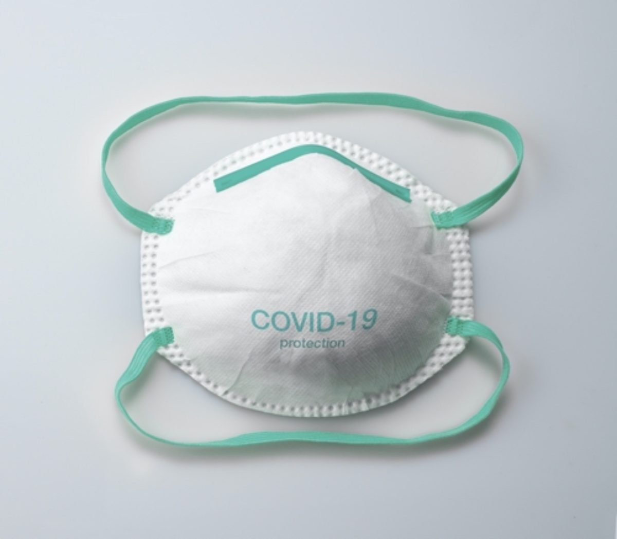 Medical face mask with the word "Covid-19" printed on it.
